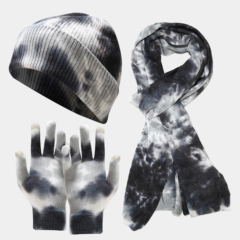 Tie-dye Knitted Hat Gloves Scarf Set Ladies Maiden-Art