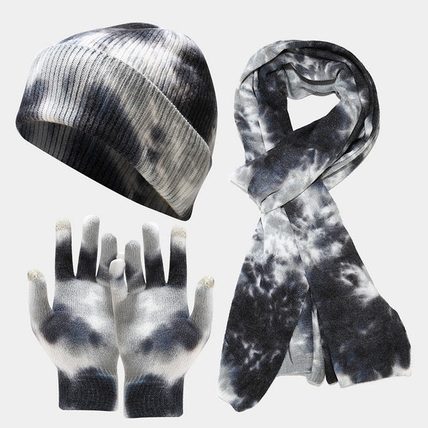 Tie-dye Knitted Hat Gloves Scarf Set Ladies Maiden-Art