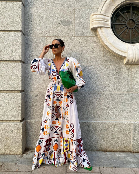 Women's V-Neck Long Sleeve Printed Boho Dress Anybestbuy Store