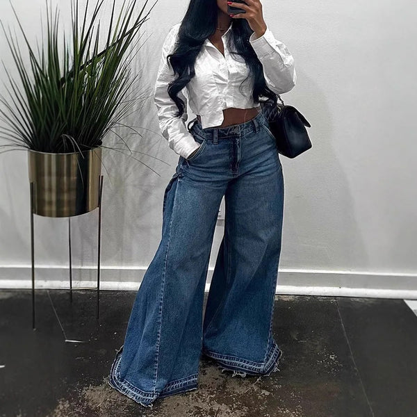 Loose Wide Leg Jeans Stitching Bell-bottom Pants Tassel Trousers Maiden-Art