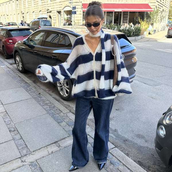 Loose And Idle Striped Sweater Cardigan With Scarf Maiden-Art
