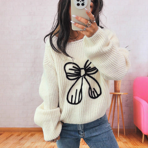 Simple Casual Bow Embroidery Decoration Knitted Long Sleeve Sweater Maiden-Art