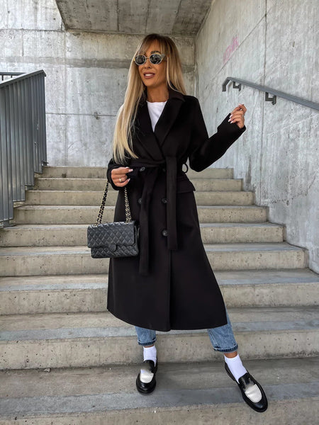 Double-breasted Lapel Split Jacket With Belt Winter Fashion Casual Long Sleeve Button Daily Coats For Women Clothing Maiden-Art