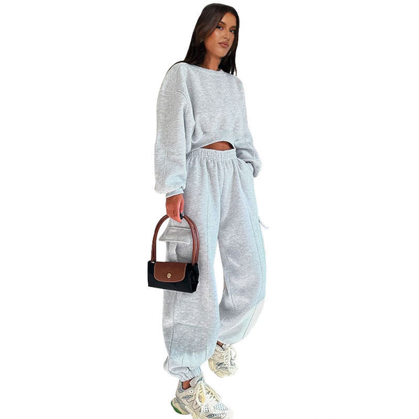 European And American Autumn New Round Neck High Waist Sweater Pocket Loose Sweatpants Suit Maiden-Art
