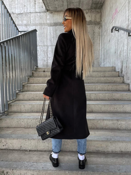 Double-breasted Lapel Split Jacket With Belt Winter Fashion Casual Long Sleeve Button Daily Coats For Women Clothing Maiden-Art