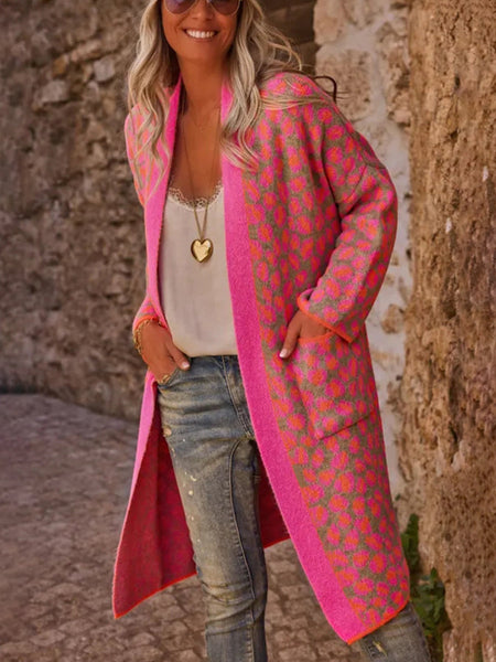 Contrast Color Leopard Print Long Knitwear Fashion Retro Pocket Sweater Women's Coat Maiden-Art