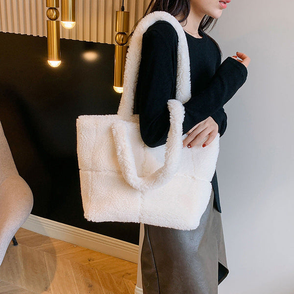 Women's Designer Luxury Plush Bag Winter Fashion Cute Tote Handbags Large Capacity Portable Single Shoulder Furry Bags Maiden-Art