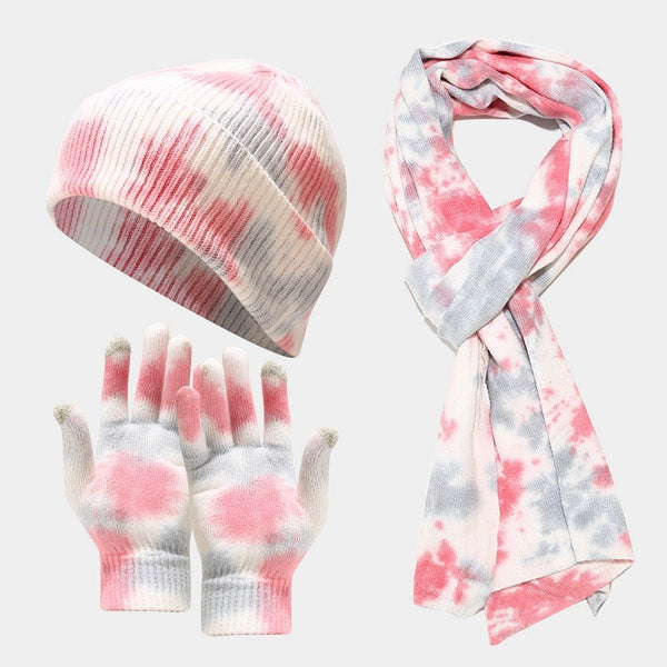 Tie-dye Knitted Hat Gloves Scarf Set Ladies Maiden-Art