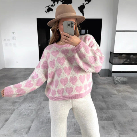 Heart Jacquard Color Contrast Short Knitted Valentine's Day Sweater Maiden-Art