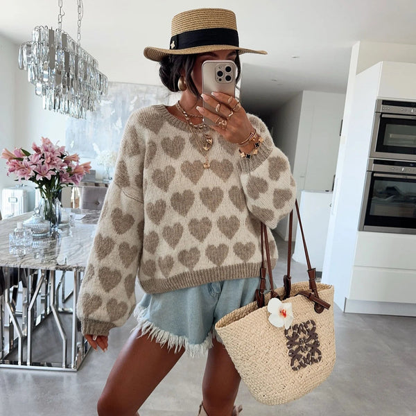 Heart Jacquard Color Contrast Short Knitted Valentine's Day Sweater Maiden-Art