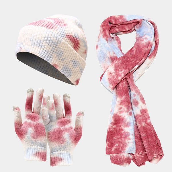 Tie-dye Knitted Hat Gloves Scarf Set Ladies Maiden-Art