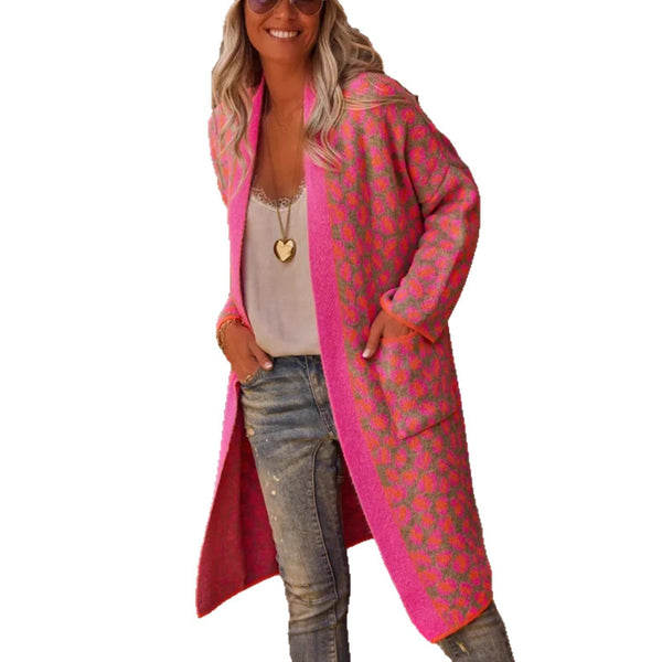 Contrast Color Leopard Print Long Knitwear Fashion Retro Pocket Sweater Women's Coat Maiden-Art