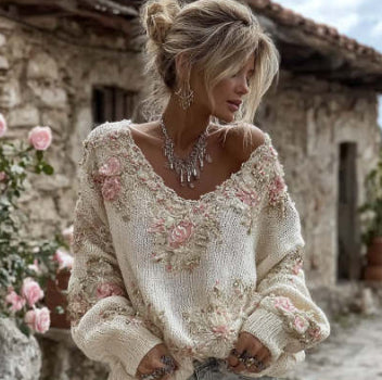 Womens AutumnWinter Lazy-Style V-Neck Pullover Sweater Maiden-Art