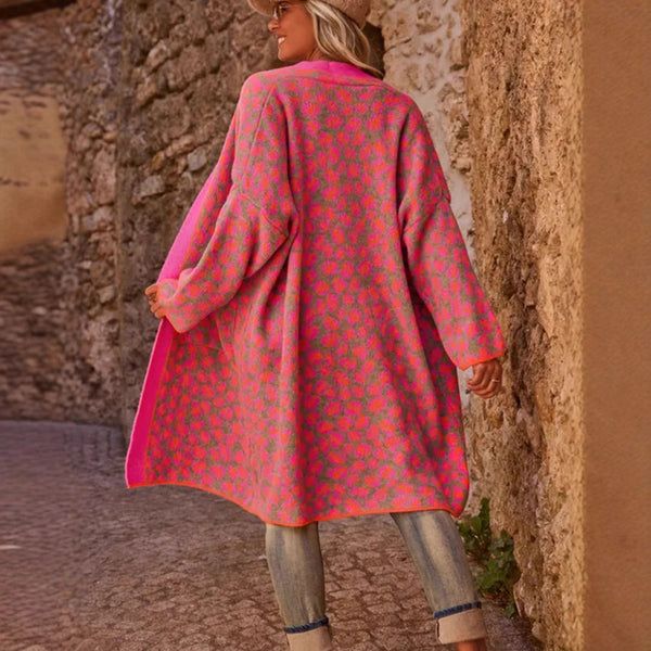 Contrast Color Leopard Print Long Knitwear Fashion Retro Pocket Sweater Women's Coat Maiden-Art