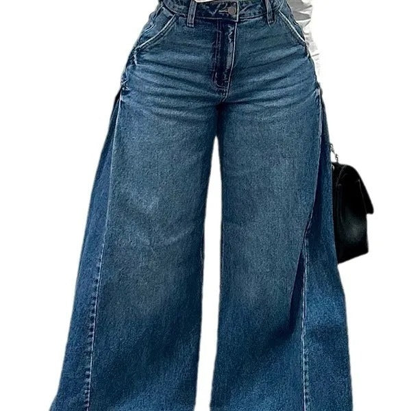 Loose Wide Leg Jeans Stitching Bell-bottom Pants Tassel Trousers Maiden-Art