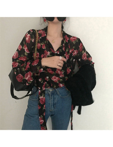 Women Retro Floral Chic Chiffon Spring Fall Fashion  Lace-up Design Soft Female Shirts Top Ins Anybestbuy Store