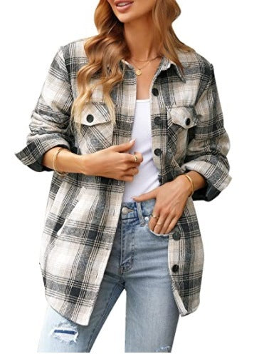 Women Oversized Check Button Shirt Jacket Maiden-Art