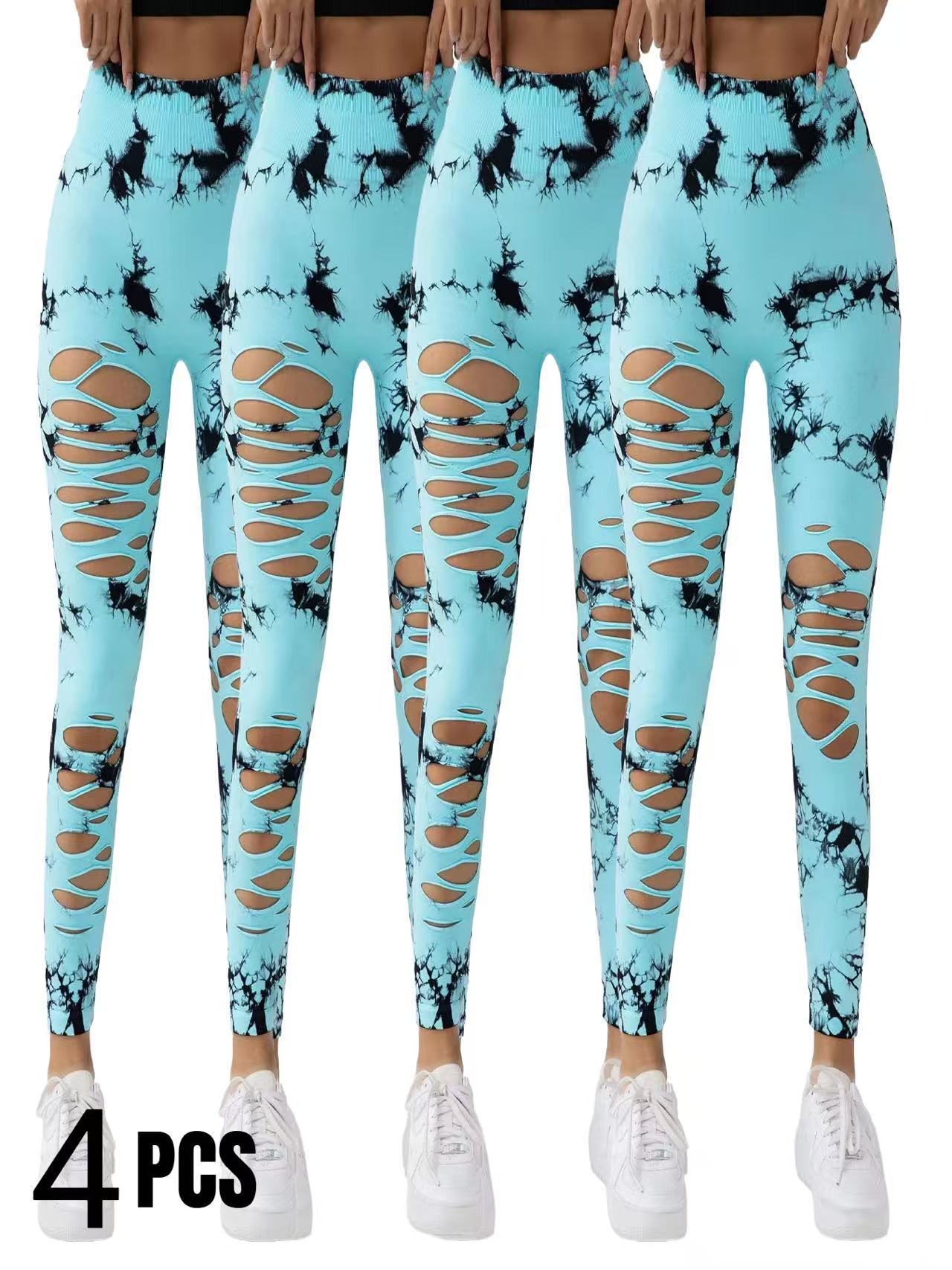 4 Pack New Style Hollow-Out Tie-Dye High-Waisted Tummy-Control Yoga Pants Maiden-Art