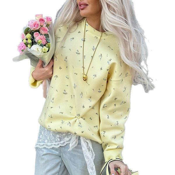 Womens European And American-style Chic Floral-print Crew-neck Pullover Sweater Maiden-Art