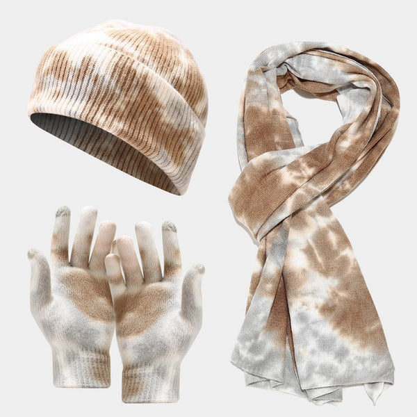 Tie-dye Knitted Hat Gloves Scarf Set Ladies Maiden-Art