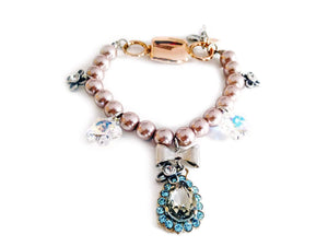 Vintage rose beaded bracelet with light blue rhinestones and pearls - Maiden-Art
