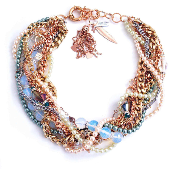 Gold Statement Necklace with Opal Stones, Pearls and Crystals - Maiden-Art