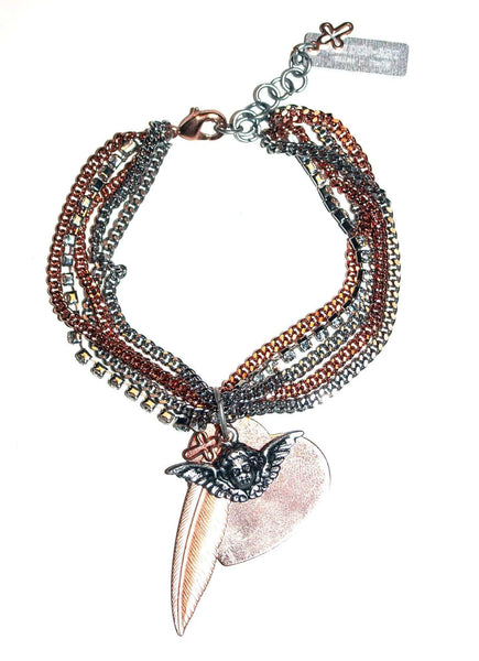 Swarovski Crystals, Feather, Heart and Angel Charms Bracelet in Rose Gold or Silver. - Maiden-Art