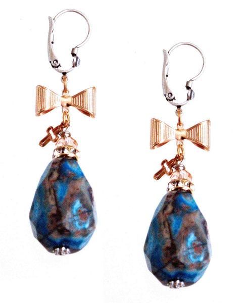 Blue Agate Stones Earrings with Rose Gold Plated Bows and Cross Charms. - Maiden-Art