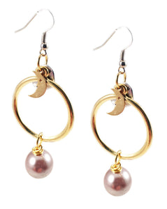18kt Gold Plated and Silver Plated Hoop Earrings with Pearls and Moon Charms. Moon and Pearls Drop Earrings. - Maiden-Art