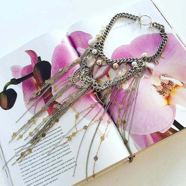 Fringe necklace with pink agate, rose quartz, calcedony, pearls and charms. Perfect for parties, summer time and gift for her. - Maiden-Art