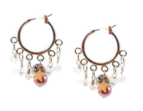 Rose quartz and pearls hoop earrings with star charm. Perfect for parties, spring, summer time and gift for her. - Maiden-Art
