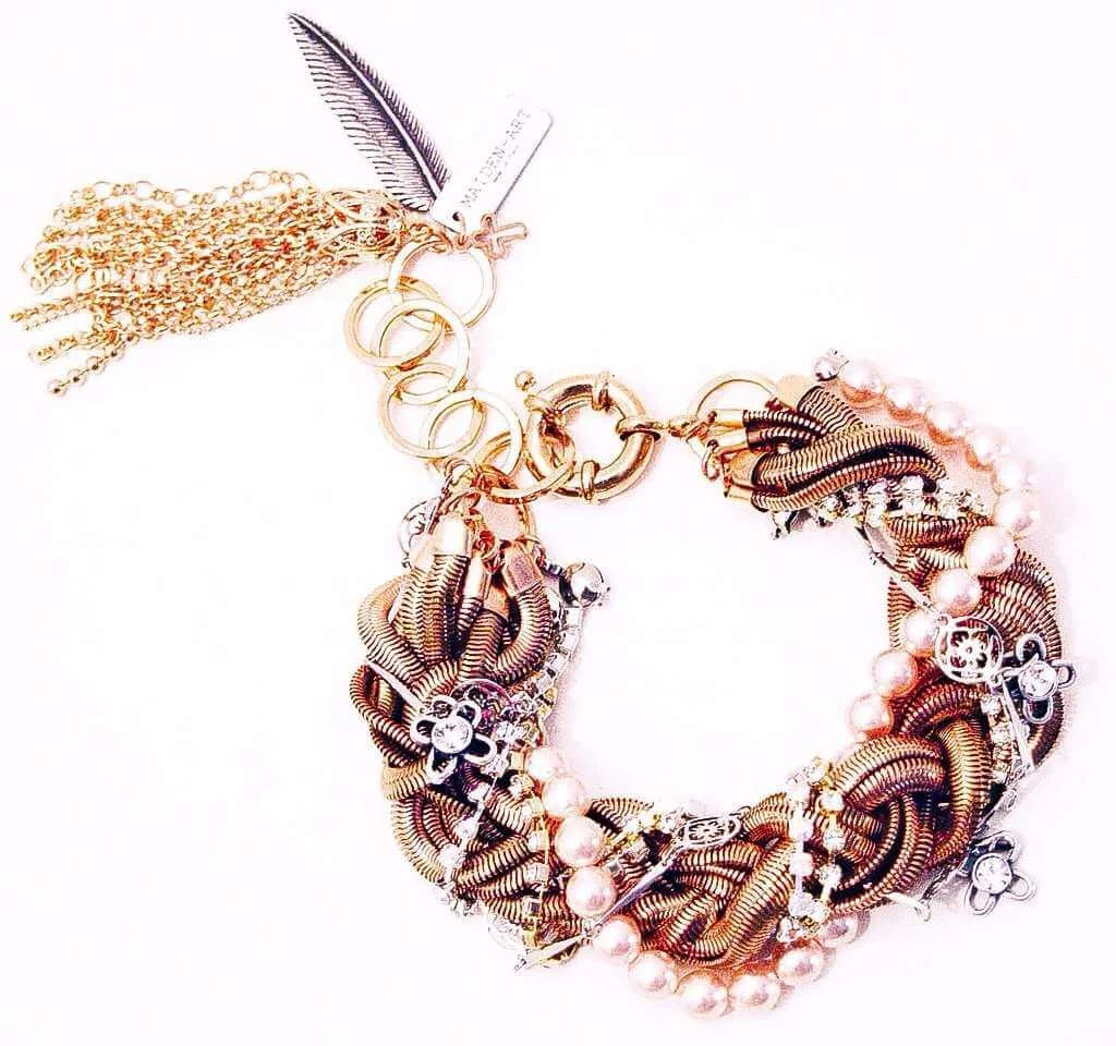 Rose Gold Statement Bracelet with Crystals and Charms - Maiden-Art