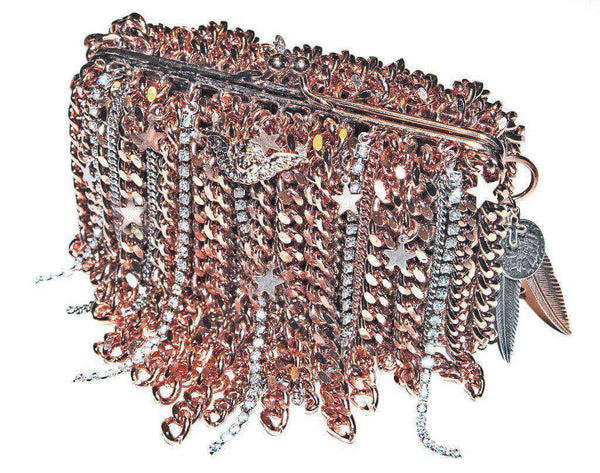 Brass purse with multi chain fringes, silver, pink gold and gun metal plated, hand waved and totally hand made. - Maiden-Art