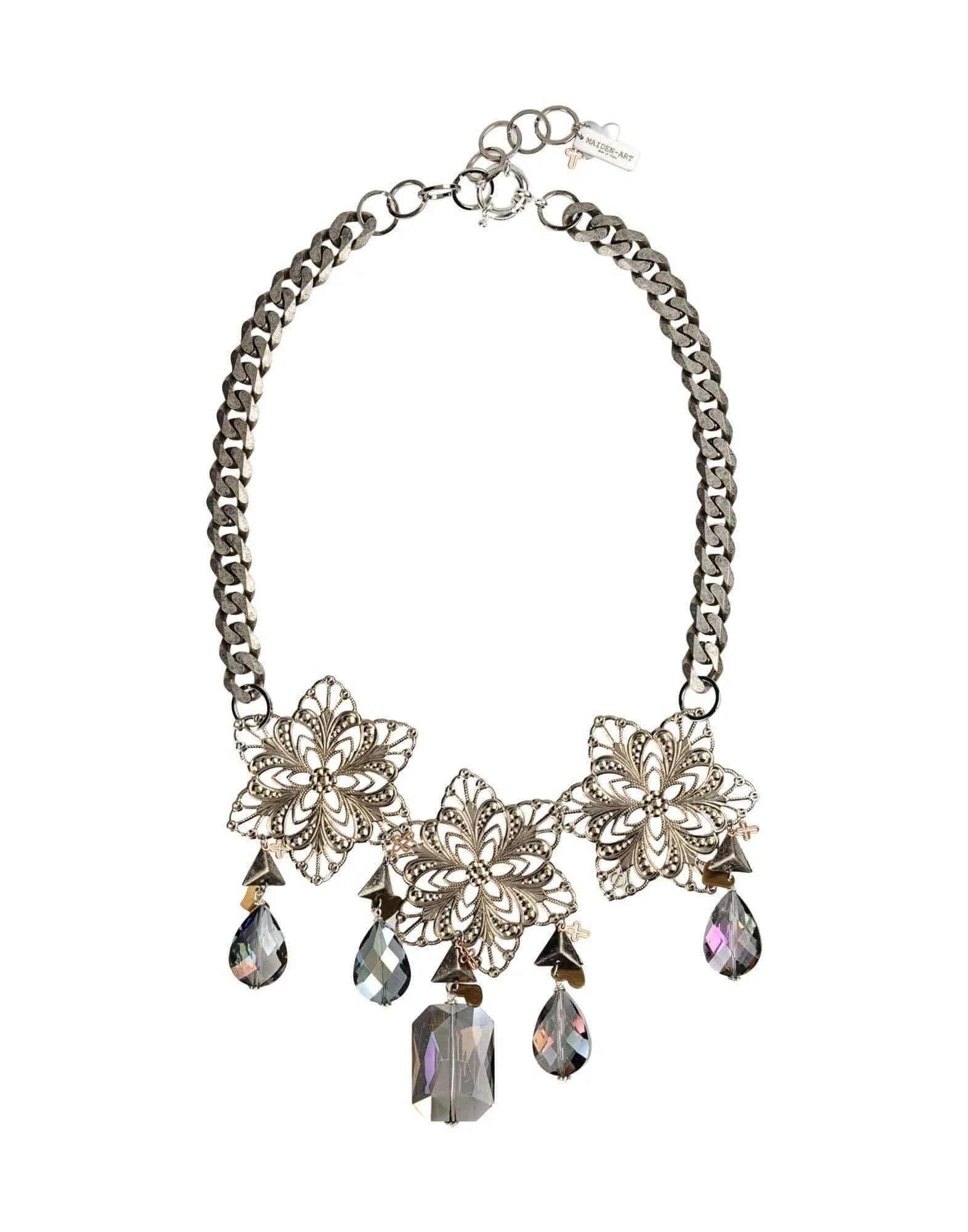 Silver bib necklace with crystals and beads - Maiden-Art