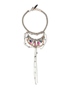 Bib necklace with pink agate stones and brass, crystals and crystal chains, glass beads, and charms. - Maiden-Art