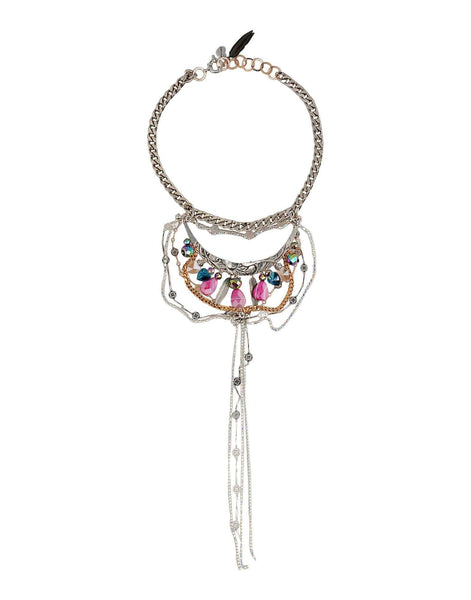 Bib necklace with pink agate stones and brass, crystals and crystal chains, glass beads, and charms. - Maiden-Art