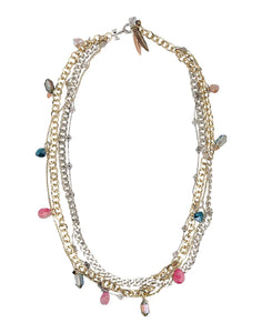 Stylish Necklace made with rows of silver-plated and rose gold-plated chains and features pretty blue and pink bead detailing. - Maiden-Art