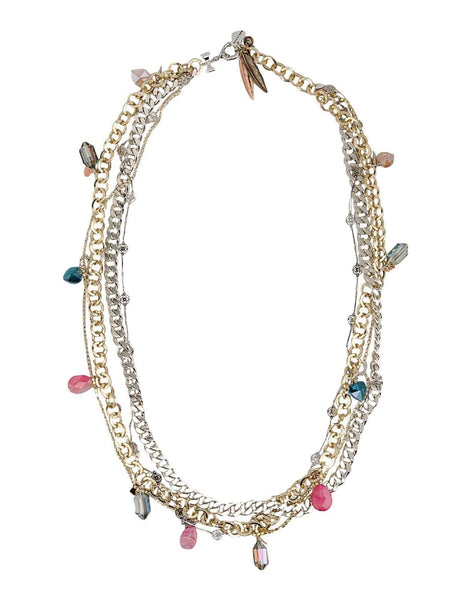 Stylish Necklace made with rows of silver-plated and rose gold-plated chains and features pretty blue and pink bead detailing. - Maiden-Art