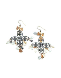 Chandelier Earrings with natural Aquamarine stones, glass beads and rose gold charms. - Maiden-Art