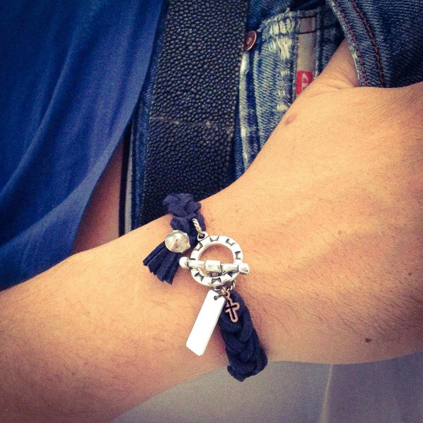 Mens braided blu navy deerskin wrap bracelet - Maiden-Art