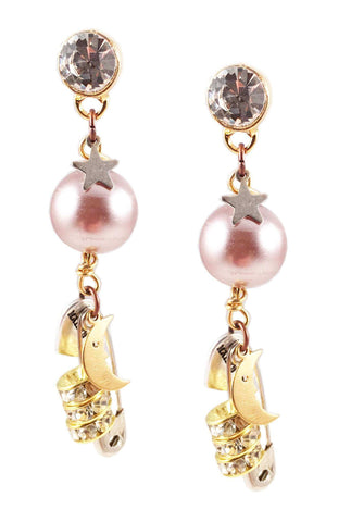 18kt Gold Plated and Crystals dangle and drop earrings with pearls and safety pins. Sparkly Bride Safety Pin Dangle Earrings. - Maiden-Art