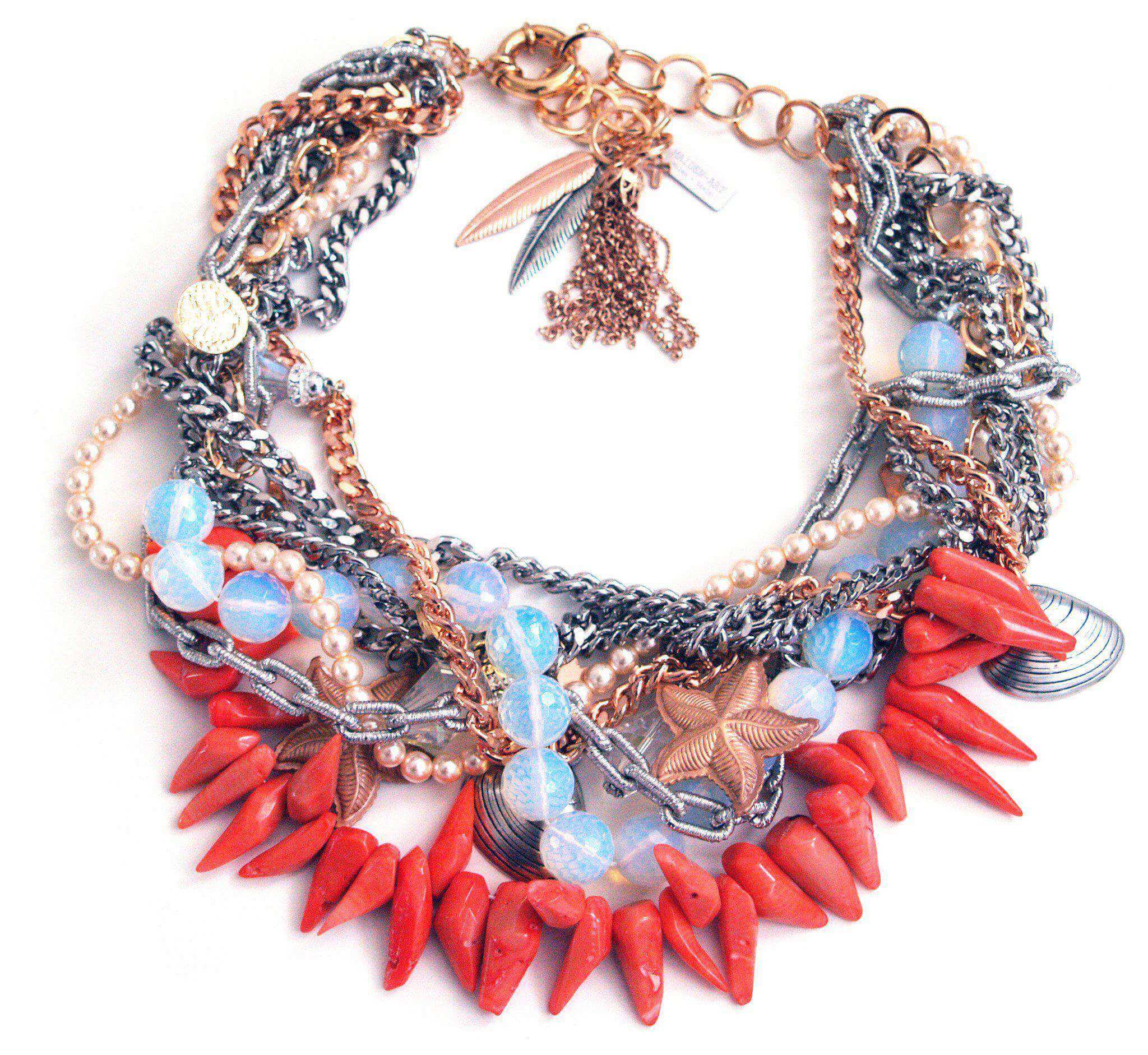 Coral and opalite stones bib necklace - Maiden-Art