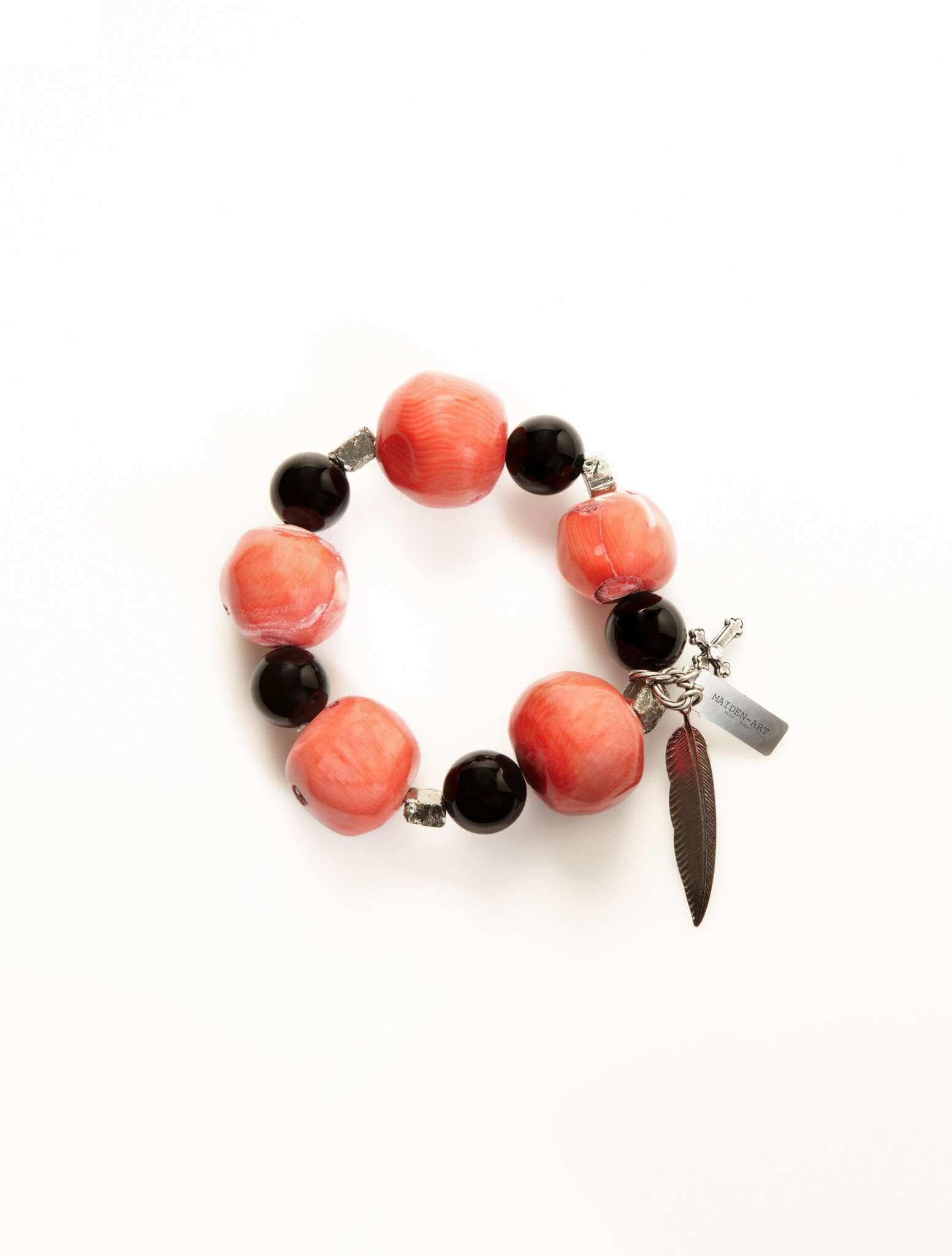 Coral and black onyx stones beaded bracelet - Maiden-Art