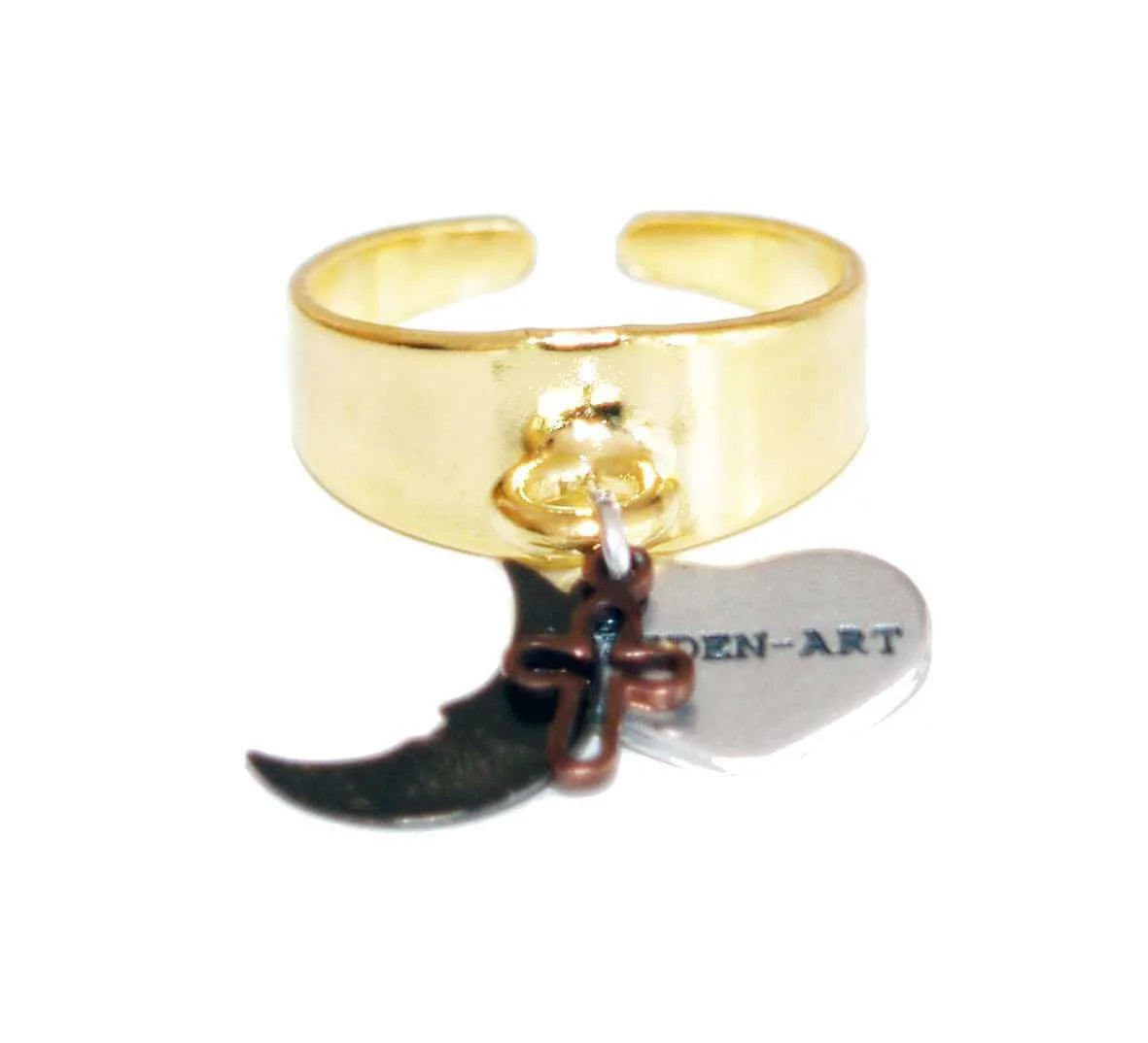 Statement ring in gold with black moon charm and cross - Maiden-Art