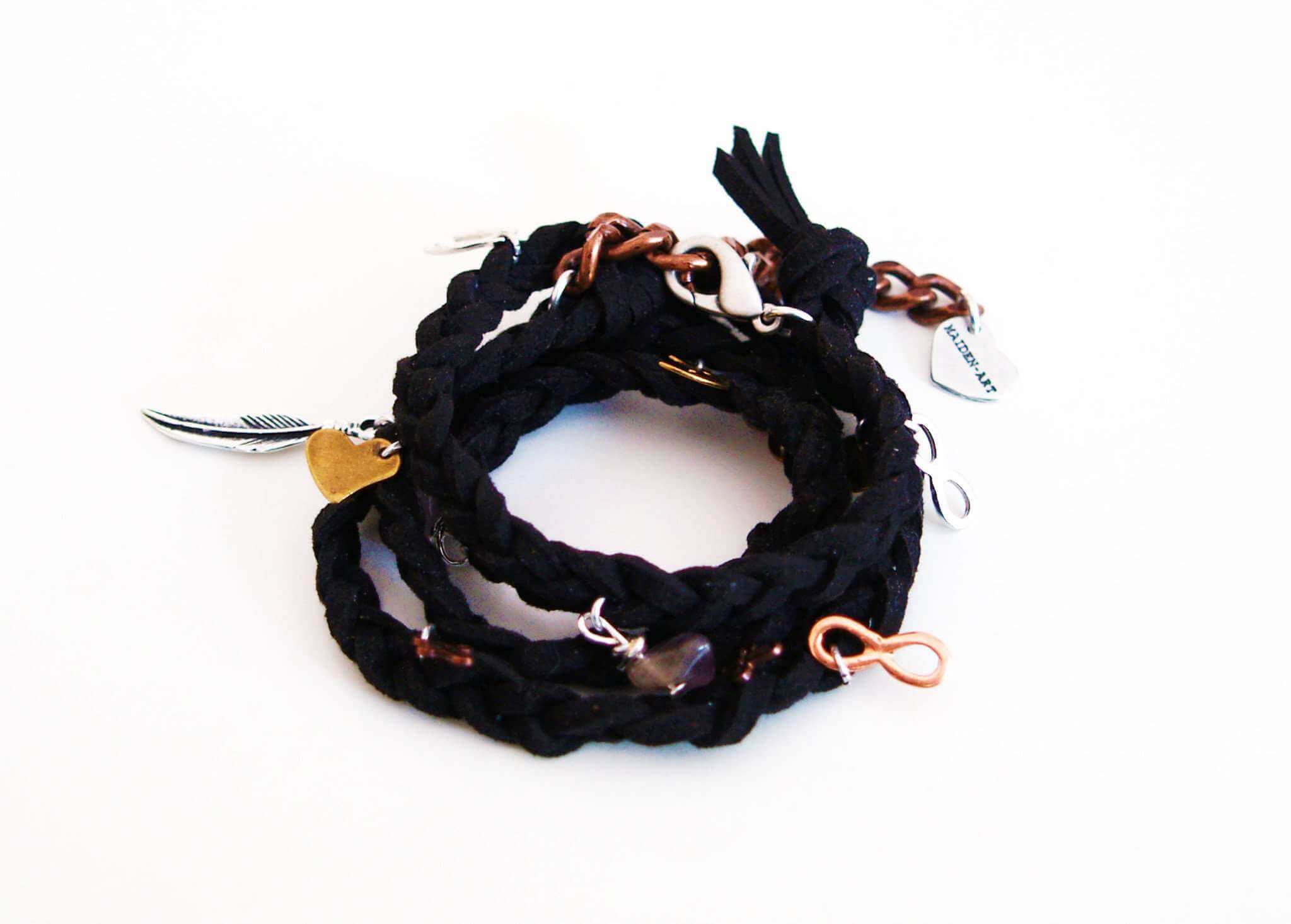 Black wraparound bracelet in deerskin leather with 18kt Gold Plated charms. Braided Wrap Bracelet. - Maiden-Art