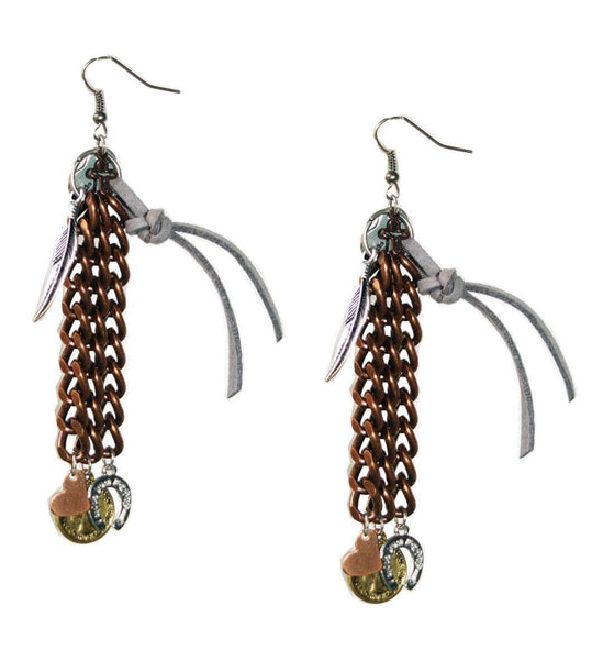 Chandelier Earrings in deerskin leather with beautiful 18kt Gold Plated Coins charms. - Maiden-Art