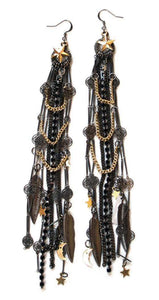 Black Ematite Jet Rhinestones Cluster Earrings with 18kt Gold Plated charms. Long Earrings. - Maiden-Art