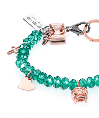 Emerald Green Crystals and Rose Gold Skull, Heart Charms Bracelet - Maiden-Art