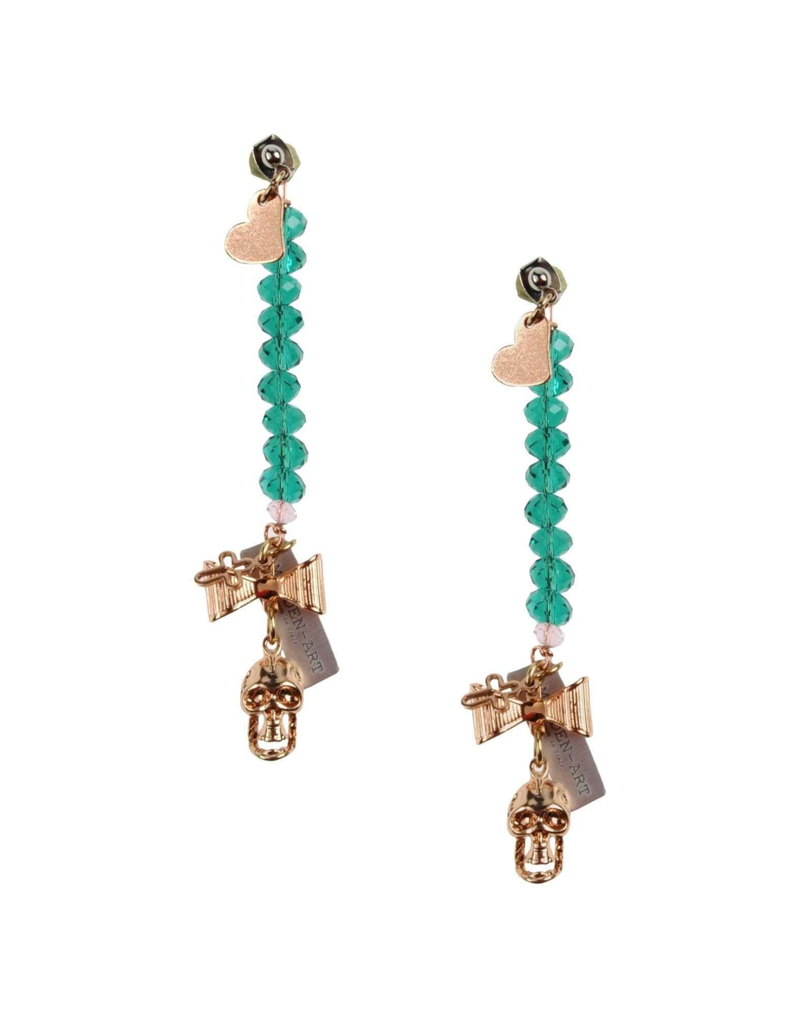 Emerald Green Crystals and Rose Gold Skull, Heart Charms Earrings - Maiden-Art