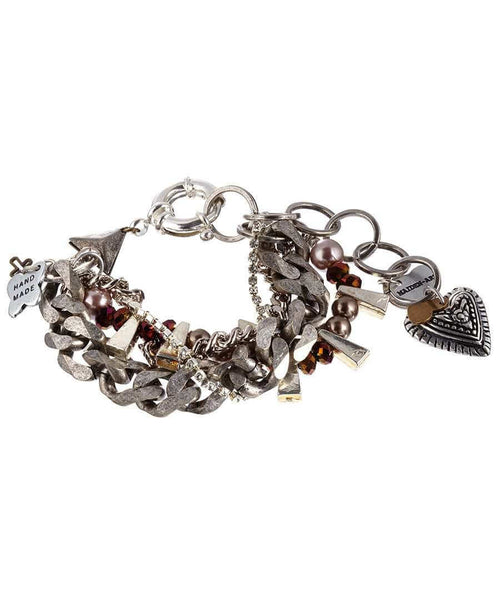 Chunky charm bracelet features a stunning arrangement of silver-plated charms and iridescent beads. - Maiden-Art